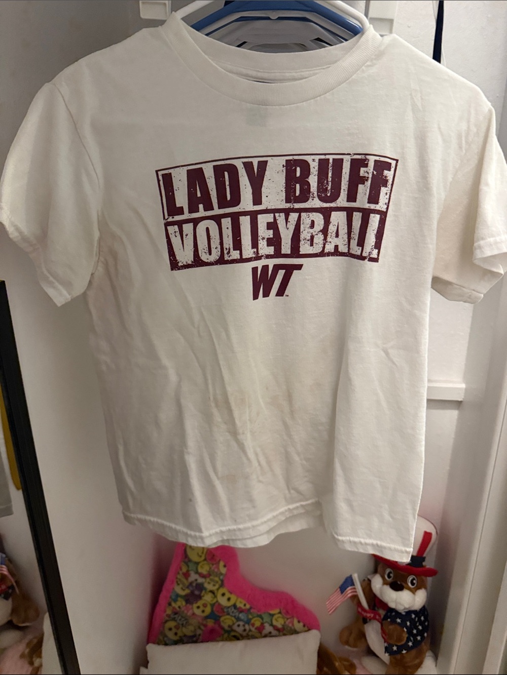 Gildan White T‑Shirt with Maroon 'Lady Buff Volleyball' Print